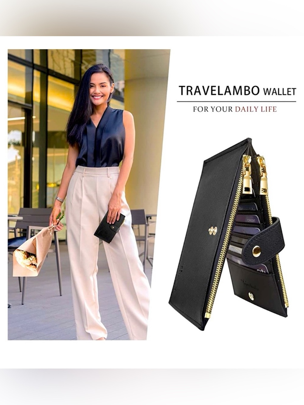 Travelambo RFID Blocking Purple Leather Bifold Card Holder Zipper Wallet